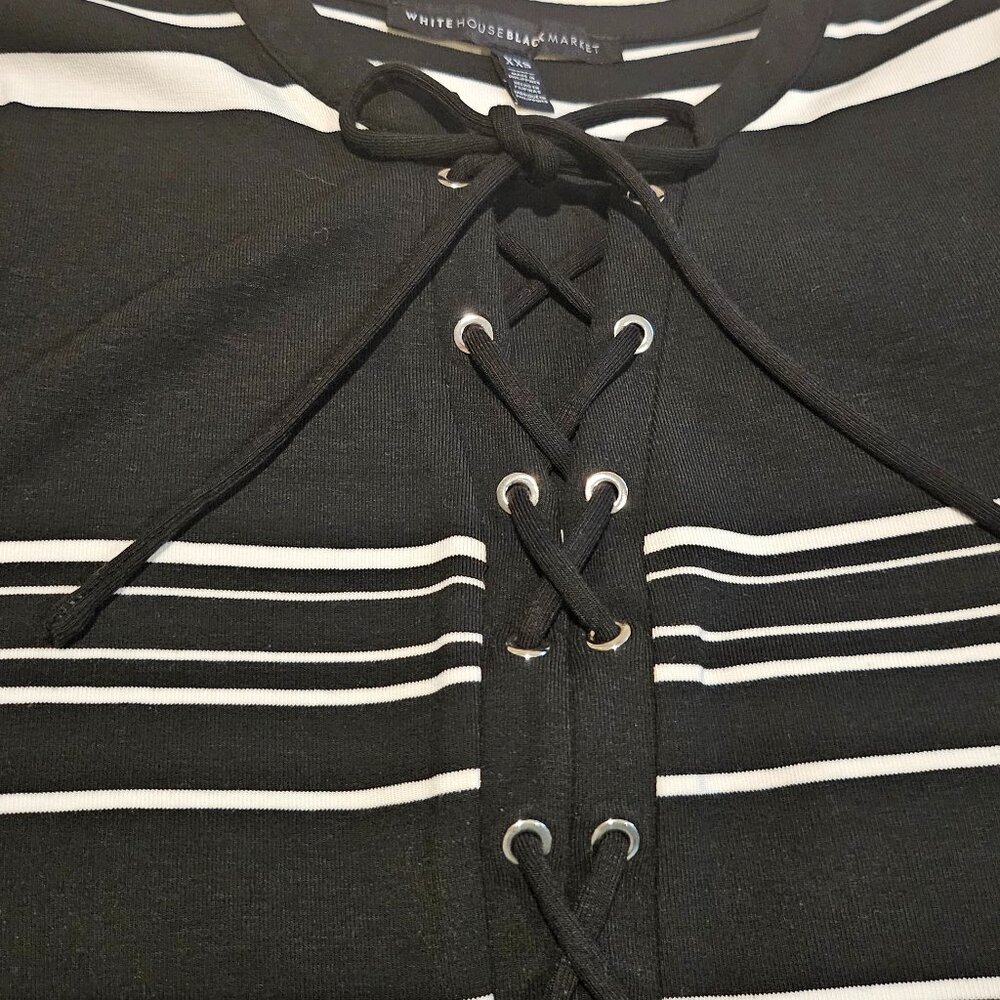 (NWOT) WHBM BLACK and WHITE STRIPED SHORT SLEEVED DRESS SIZE XXS - Picture 6 of 13